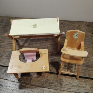 Vintage Strombecker Dollhouse Wood Doll High Chair Table Lot Illinois Furniture